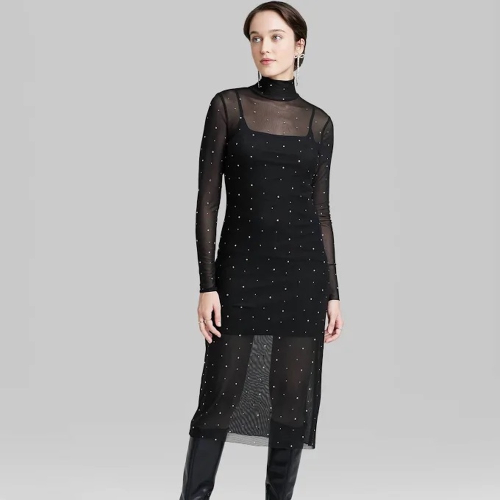 Women's Long Sleeve Rhinestone Mesh Midi Dress - Wild Fable™ Black